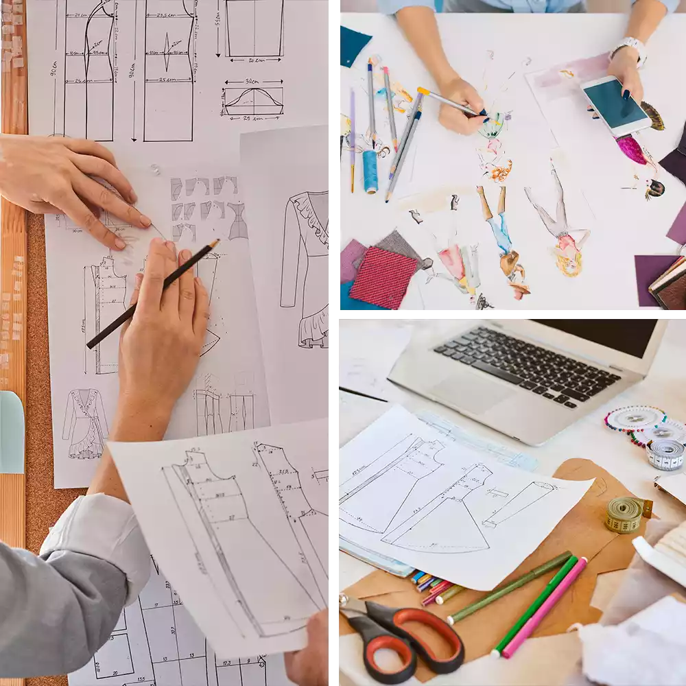 fashionable dress with unique stitching patterns and specification sheet with mannequin